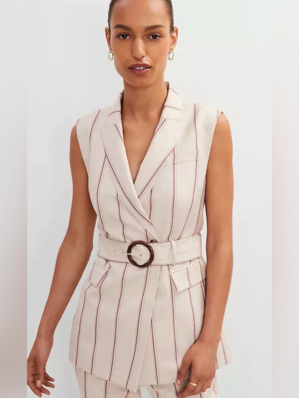 Ann Taylor Cream Jumpsuit with Red Pinstripes and Belt
